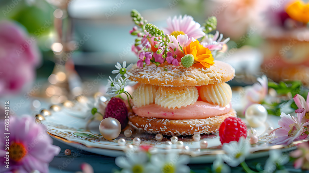 This beautifully crafted layered sponge cake adorned with buttercream, fresh berries, and a mix of vibrant edible flowers sits delicately on a vintage plate.