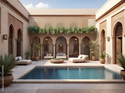 Modern country villa living room living room garden and swimming pool in courtyard, morocco style - 3d render By Alim Graphi photo