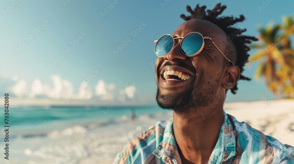 Euphoric Beach Getaway: Man in Sunglasses Embraces Summer Bliss - Generative AI Euphoric Beach Getaway: Man in Sunglasses Embraces Summer Bliss - Generative AI