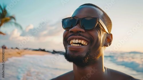 Euphoric Beach Getaway: Man in Sunglasses Embraces Summer Bliss - Generative AI © Gelpi