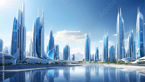 A futuristic city with tall buildings and a river in front of it

