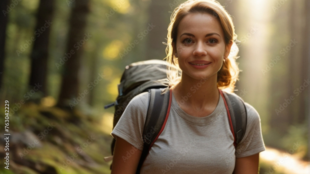 Happy woman hiking, spending time outdoors to improve cardiovascular health, boost mood, and reduce stress levels.