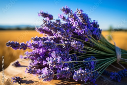 Panoramic view of blooming lavender field in agricultural harvest landscape under clear sunny sky