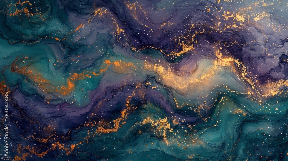 Watercolor texture design with floral branch on gold, dark, navy, purple, emerald, green and turquoise colors. Rough brush stroke. Illustration. Liquid, water, fluid, cloud, abstract background. - obrazy, fototapety, plakaty 