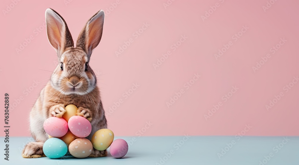 Fototapeta premium Easter bunny with colored eggs on a pink background. Copy space