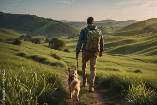 Wanderer mit Hund auf idyllischem Pfad in hügeliger Landschaft – Blick von hinten