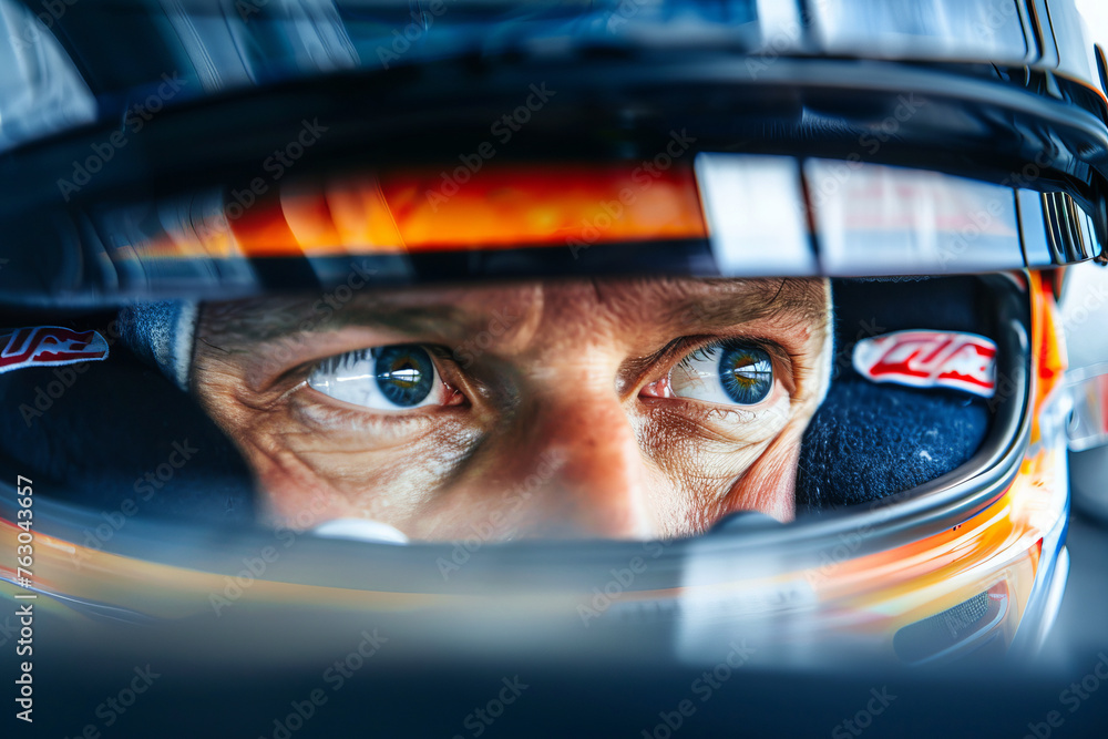 A tense close-up of the driver's eyes reflected in the rearview mirror of a high-speed race car, the focus and adrenaline rush of competitive driving A tense close-up of the driver's eyes reflected in the rearview mirror of a high-speed race car, the focus and adrenaline rush of competitive driving