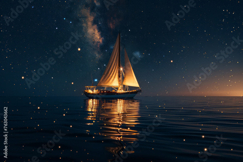 An elegant yacht under a starlit sky, its sails shimmering in the moonlight against calm waters, capturing the tranquility of a nocturnal ocean journey.