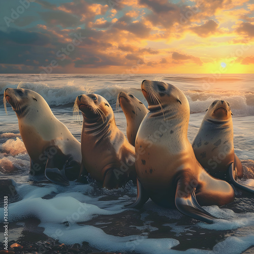 Sea lion family in the ocean water with setting sun shining. Group of wild animals in nature.