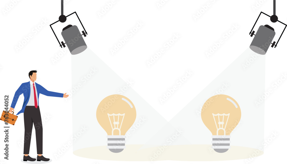 Businessman with spotlight and spotlit idea light bulb Businessman with spotlight and spotlit idea light bulb