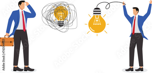 Businessman office worker decluttering his mind light bulb with tangled messy electrical line and regaining restoring his focus clear thinking photo