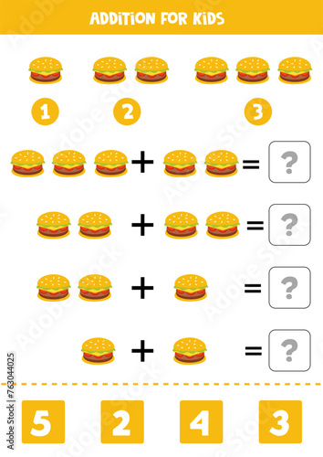 Addition with cartoon burger. Educational math game for kids.