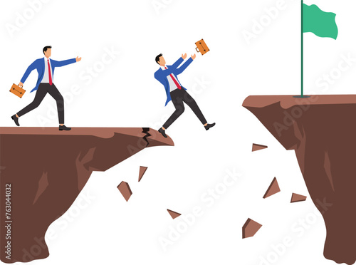 Over confident, Businessman jumping off cliff abyss for higher level but failing