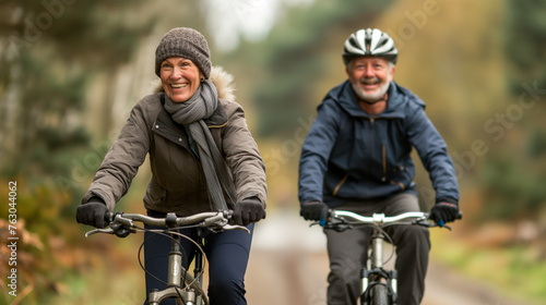 Older mature cycling couple keeping fit healthy and active by riding bikes © robert
