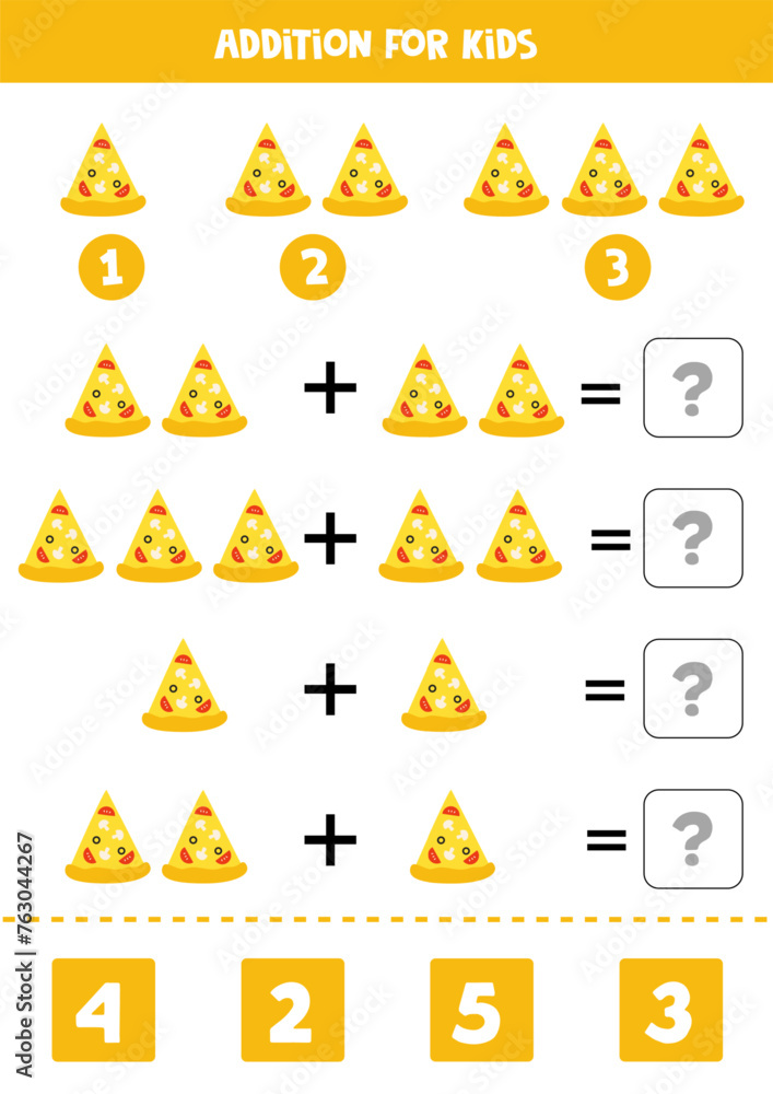 Addition with cartoon pizza slices. Educational math game for kids. Addition with cartoon pizza slices. Educational math game for kids.