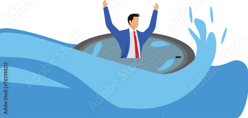 The time pressure. Businessman drowning in the sea of time clock