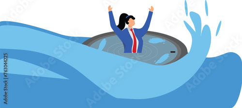 The time pressure. Businesswoman drowning in the sea of time clock