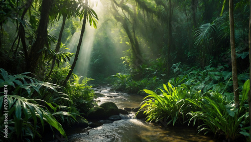 A sunlit stream flows through a dense jungle.  