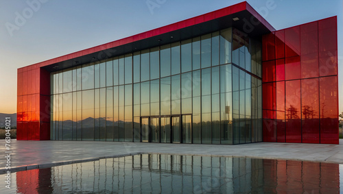 A modern glass and steel building with red panels.

