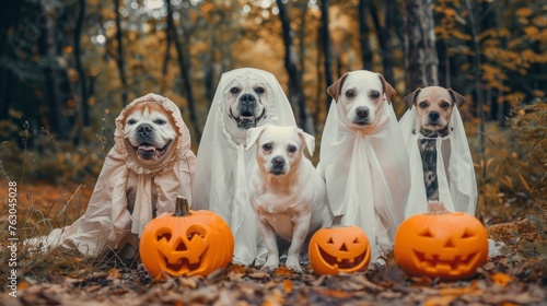 Group Dogs Ghost Costumes Posing Halloween, Banner Image For Website, Background, Desktop Wallpaper