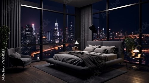 3D interior of dark bedroom black walls luxury room © Cybonix