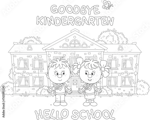 Greeting card with happy little schoolboy and schoolgirl first graders with schoolbags in front of their pretty school or kindergarten with green trees and bushes, vector cartoon illustration