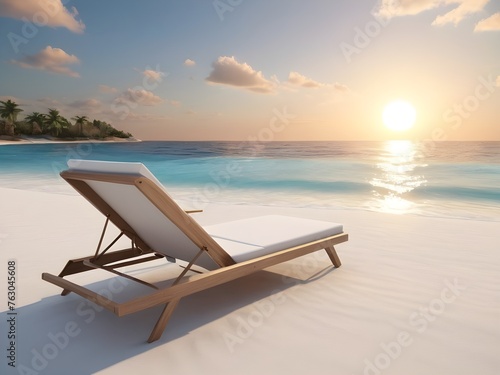 Summer Beach lounge chair on white beach sunset sea view - 3D rendering By alim graphic © Abdul