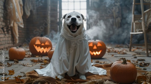 Happy Dog Ghost Costume Sits, Banner Image For Website, Background, Desktop Wallpaper