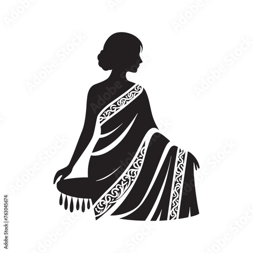 Majestic Sari Silhouette Ensemble - Embarking on a Journey of Culture and Heritage with Sari Illustration - Minimallest Sari Black Vector
