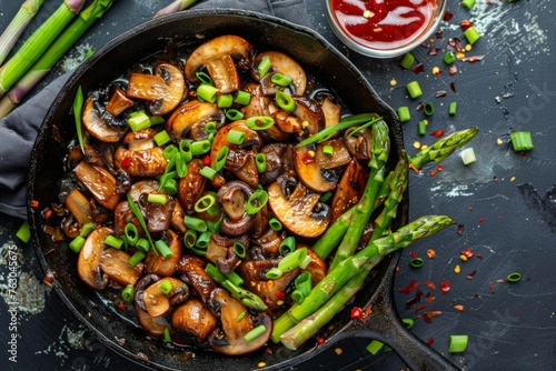 Cut asparagus and shiitake mushrooms in a cast iron skillet with green onions and chili sauce on the side on a black background.