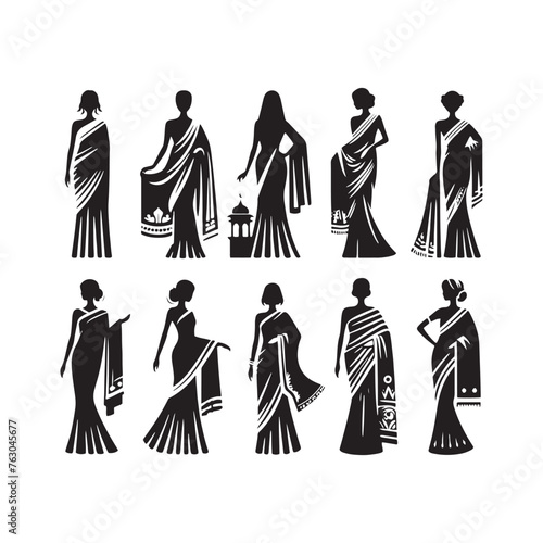 Captivating Sari Dress Compilation - Crafting Shadows of Tradition and Grace with Sari Illustration - Minimallest Sari Black Vector
