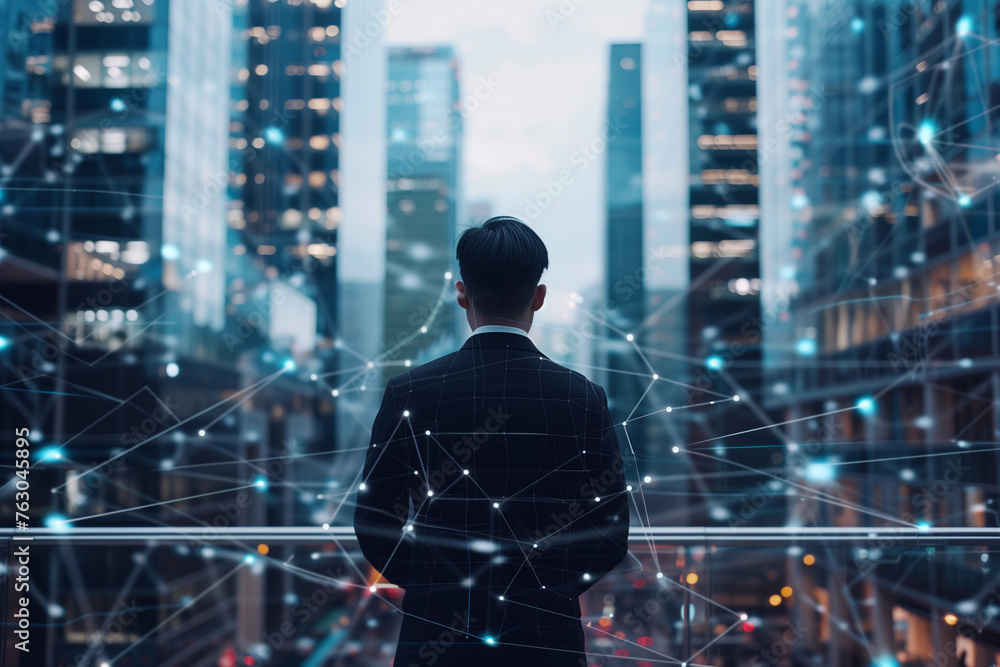 businessman looking at digital screen with icons of technology, data and global network on city background businessman looking at digital screen with icons of technology, data and global network on city background
