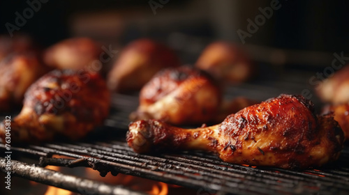 juicy seasoned chicken drumsticks on a grill with smoking, generated ai image photo