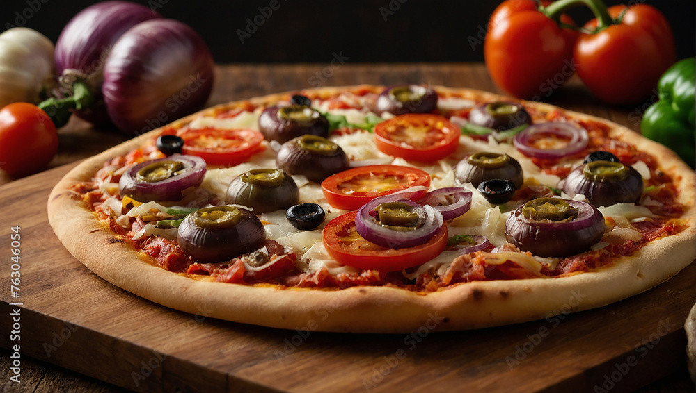 A pizza with olives, tomatoes, onions and peppers on a wooden table.

