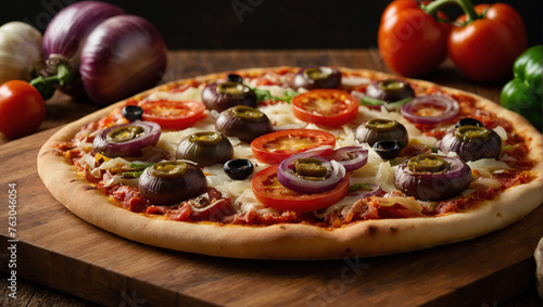 A pizza with olives, tomatoes, onions and peppers on a wooden table.