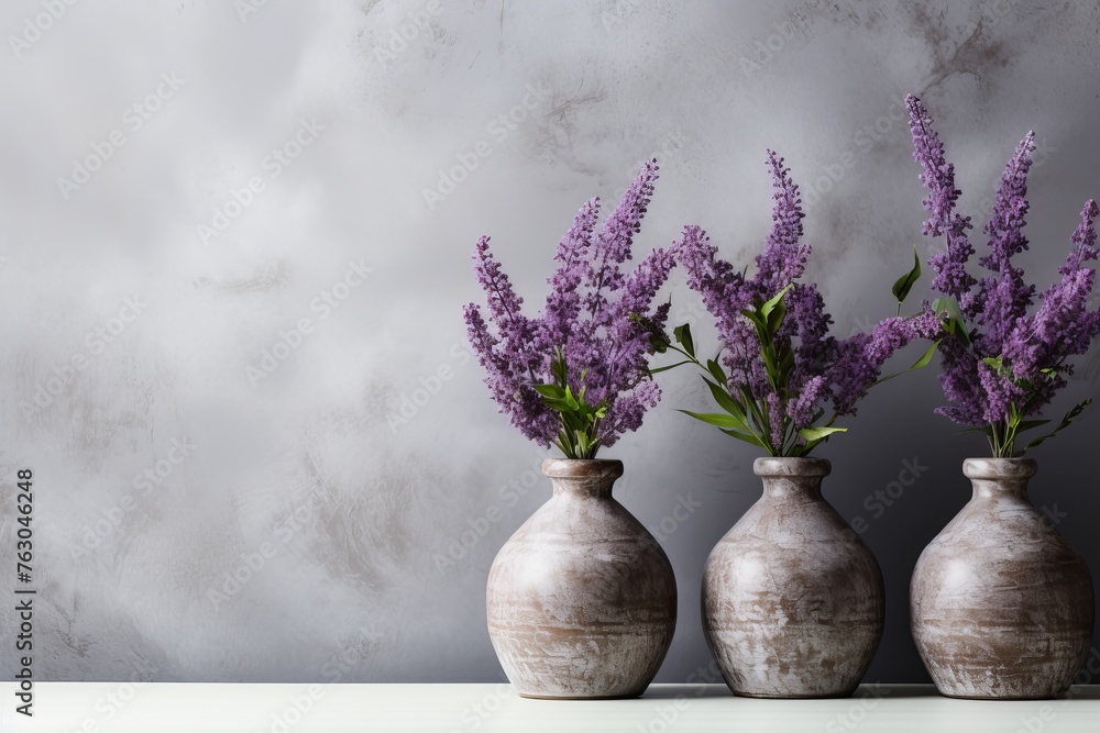 Many bouquets of violet lavender flowers in old vases on grey concrete wall background