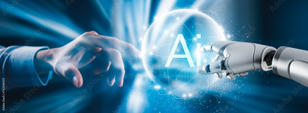 A robot is touching a sphere with the letters AI on it. The robot is a symbol of technology and the sphere represents the idea of artificial intelligence. Concept of innovation and progress
