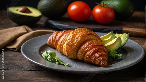 A croissant on a plate with avocado and tomato.