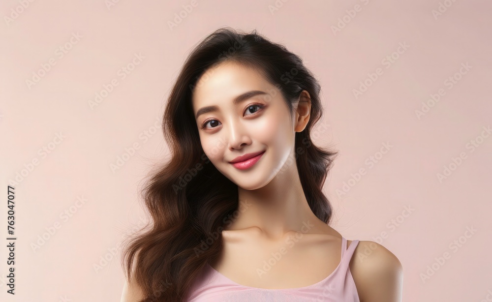 Beauty young cute Asian women with soft glow skin, face care, facial treatment, beauty and spa, body care, cute Asian girl portrait.