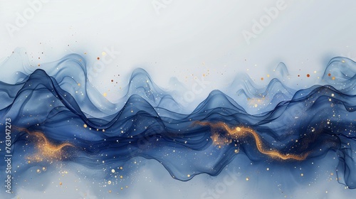 Elegant card design for wedding invitations or birthday invites with abstract navy blue waves and gold splashes.