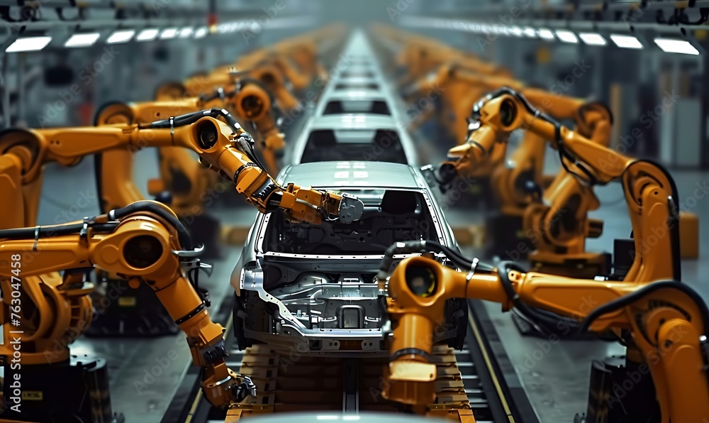 Efficient Car Factory, Robotic Assembly Line in Action Efficient Car Factory, Robotic Assembly Line in Action