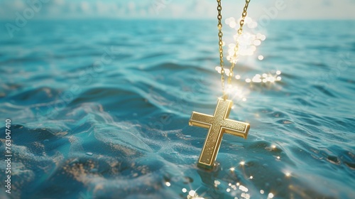 A gold cross necklace hangs on the blue sea floor. The sun shone brightly and a gentle breeze blew over the surface of the water. ai generated. photo