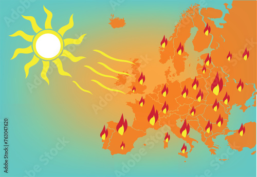 Europe Heat Wave or Forest Fires Concept. Editable Clip Art.