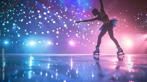 A figure skater performing a stunning routine on glistening ice under colorful lights
