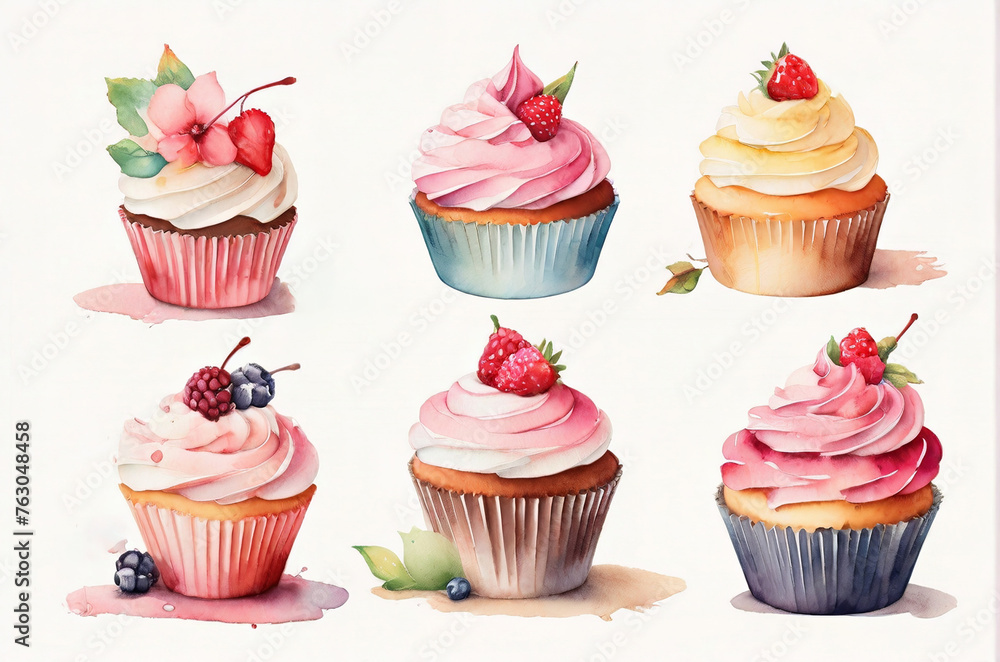 Set of watercolor cupcakes isolated on white background. Hand drawn watercolor illustration. AI generated Set of watercolor cupcakes isolated on white background. Hand drawn watercolor illustration. AI generated