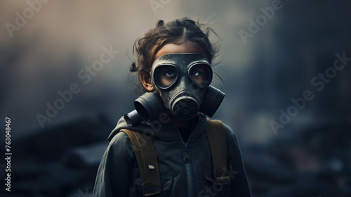 A child wears a gas mask against a backdrop of smoke
