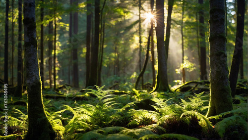 A photo of ferns growing in a forest with sunlight shining through the trees.