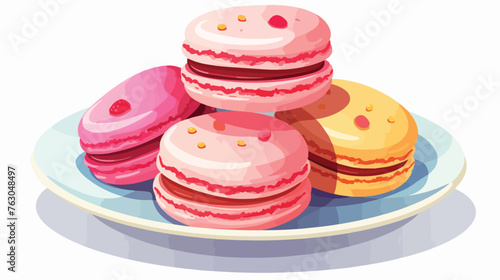 Serving of three french macaroons on a white background