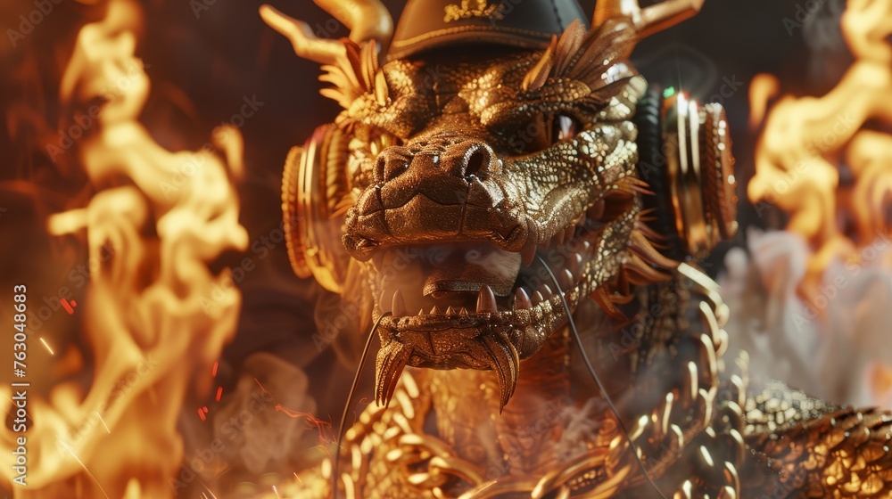 A magnificent golden dragon adorned with elaborate headphones is set against a dramatic backdrop of dancing flames.