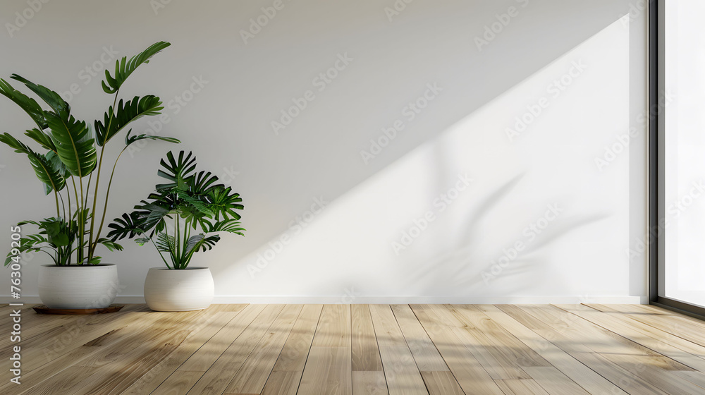 Minimalist interior design of an empty room with a white wall and wooden floor, green plants in pots on the side. Simple and clean interior with bright natural light from a window. Copy space. Minimalist interior design of an empty room with a white wall and wooden floor, green plants in pots on the side. Simple and clean interior with bright natural light from a window. Copy space.